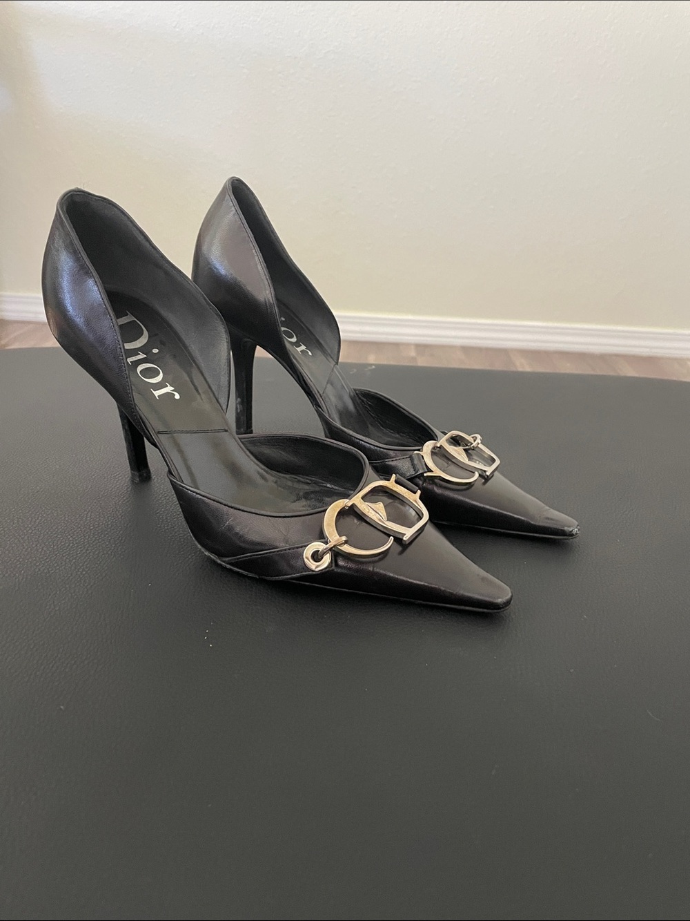 Dior Black Leather Pointed Pumps with Gold Dior Buckle